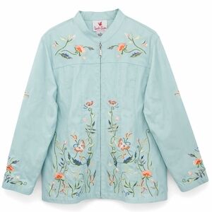 Quacker Factory 1X Aqua Blue Floral Embroidered Zip Jacket Women’s Plus Size